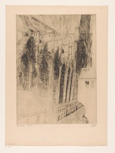 Näkymä Gentin Sint-Niklaaskerkin sivujulkisivulle Eglise St Nicolas Gand (otsikko esineessä) Rue du Chapeau Rouge a Gand tekijältä Jules De Bruycker (signed by artist)