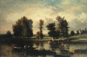 Vene joen reunalla (öljy paneelissa) tekijältä Jules Dupré