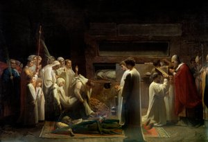 Marttyyrit katakombeissa Kristillinen uskonnollinen konventti ensimmäisten kristittyjen hautajaisissa Roomassa. Jules Lenepveun (1819-1898) maalaus 1855 Su. 1,7x3,36 m Pariisi, museo d