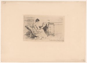 Nainen tuulettimen kanssa matalassa tuolissa tekijältä Jules Ferdinand Jacquemart (attributed to)