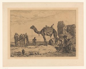 Maisema kamelien kanssa raunioina Sous les murs de Teheran (Perse) tekijältä Jules Joseph Augustin Laurens (signed by artist)