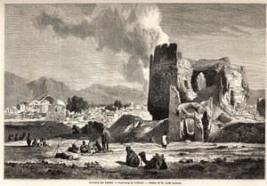 Teheranin (nykyinen Iran) esikaupunkialueet. Jules Laurensin (1825-1901) piirustus kuvaamaan Arthur Gobineaun matkaa Persiaan vuosina 1855-1858. Kaiverrus kirjaan "" Le tour du monde, nouveau journal des voyages" Paris