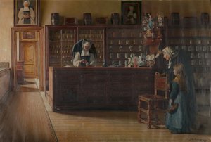 Apteekki Sint-Janshospitaalissa Bruggessa (öljy kankaalle) (öljy kankaalle) tekijältä Jules Lambeaux