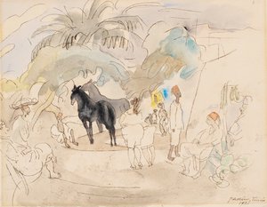 Figuurit ja kaksi hevosta maisemassa, 1921 (wc paperilla) tekijältä Jules Pascin