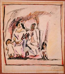 Äiti, isä ja kolme lasta (akvarelli paperille) tekijältä Jules Pascin