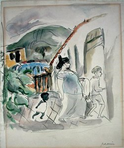 Nainen ja kaksi lasta (akvarelli paperille) tekijältä Jules Pascin