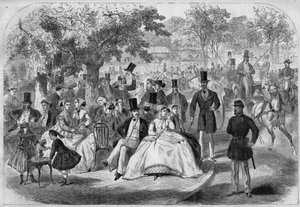 Pariisilainen elämä, iltapäivä Bois de Boulognessa 1800-luvulla. Kaiverrus Pelcoqin piirustuksen mukaan. Teoksessa "" L