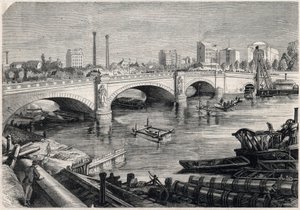 Pariisin muodonmuutos toisen imperiumin alaisuudessa, Haussmann Paris: Pariisin Alman sillan edessä tehdyt työt Seinen pohjassa sijaitsevan keräilyviemärin kulkua varten. Piirustus Jules Pelcoq. Kaiverrus "" The Illustrous Univessa