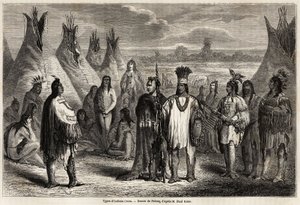 Kanadan Crees Indians -tyypit, Pelcoqin piirustus havainnollistamaan kapteeni John Palliserin Kalliovuorten tutkimusta vuosina 1857–1859. Kaiverrus "" Le tour du monde, nouveau journal des voyages"" Paris