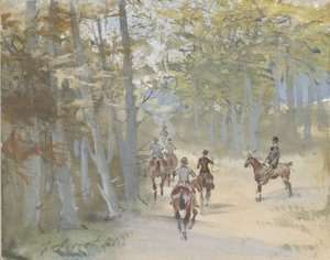 Metsämaisema ratsastajien kanssa tekijältä Jules baron Finot