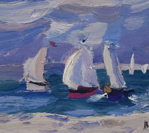 Joilla kilpaa Poole Harborissa (öljyä laivalla) tekijältä Julian Bailey