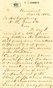 Florianin Julian Batesin kirje hänen ylhäisyydelleen H.R. Gamblelle 16. syyskuuta 1862 tekijältä Julian Bates