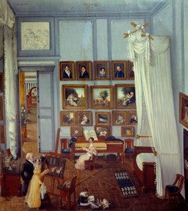 Sisäkuva Pyhän Kaarlen ritari Pradelin asunnosta. Suuri pylvässänky koristaa työpajana käytettyä huonetta. Lapsi soittaa ja nuori nainen on pianon edessä. Julie Pradelin maalaus (1800-luku) 1820 Yksityinen kokoelma tekijältä Julie Pradel