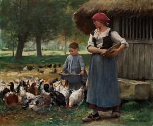 Maatilatyttö ruokkii kanoja (öljy kankaalle) tekijältä Julien Dupre