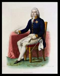 Muotokuva Charles Maurice de Talleyrand-Perigordista (1754-1838) pöytänsä ääressä, kuvitus E. Mennechetin teoksesta "Le Plutarque Francais", kaiverrus Delaistre, 1835