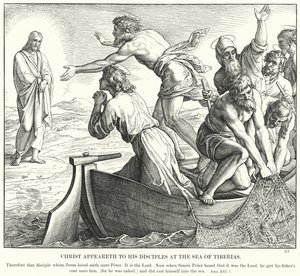 Kristus ilmestyy opetuslapsilleen Tiberiaanmerellä (kaiverrus) tekijältä Julius (after) Schnorr von Carolsfeld