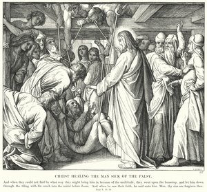 Kristus parantaa halvaukseen sairaan miehen (kaiverrus) tekijältä Julius (after) Schnorr von Carolsfeld