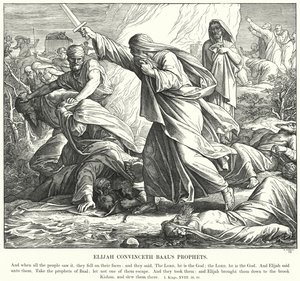 Elia Vakuututtaa Baalin profeetat (kaiverrus) tekijältä Julius (after) Schnorr von Carolsfeld