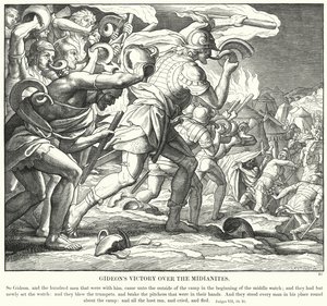 Gideonin voitto midianilaisista (kaiverrus) tekijältä Julius (after) Schnorr von Carolsfeld