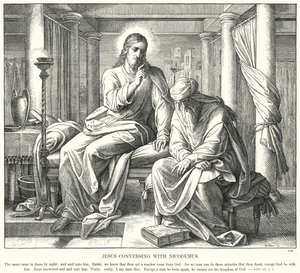 Jeesus keskustelee Nikodemuksen kanssa (kaiverrus) tekijältä Julius (after) Schnorr von Carolsfeld