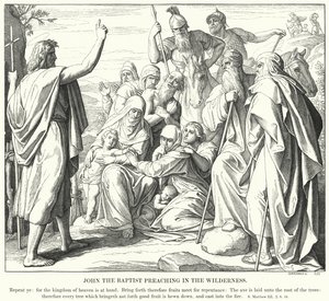 Johannes Kastaja saarnaa erämaassa (kaiverrus) tekijältä Julius (after) Schnorr von Carolsfeld