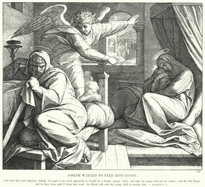 Joosef varoitti pakenemaan Egyptiin (kaiverrus) tekijältä Julius (after) Schnorr von Carolsfeld