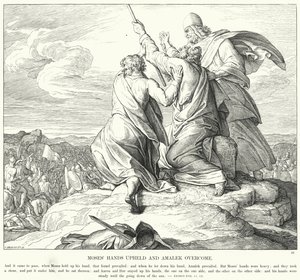 Mooseksen kädet ylhäällä ja Amalek voittaa (kaiverrus) tekijältä Julius (after) Schnorr von Carolsfeld