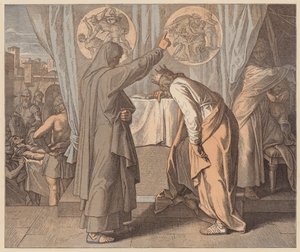 Naatan ja Daavid, 2. Samuelin kirja, XII, 7 (värillinen kaiverrus). tekijältä Julius (after) Schnorr von Carolsfeld