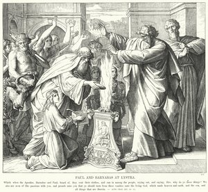 Paavali ja Barnabas Lystrassa (kaiverrus) tekijältä Julius (after) Schnorr von Carolsfeld