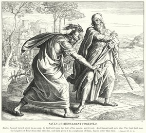 Saulin valtaistuimelta syöksyminen ennustettiin (kaiverrus) tekijältä Julius (after) Schnorr von Carolsfeld