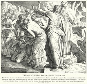 Korahin ja hänen seuraajiensa tuho (kaiverrus) tekijältä Julius (after) Schnorr von Carolsfeld