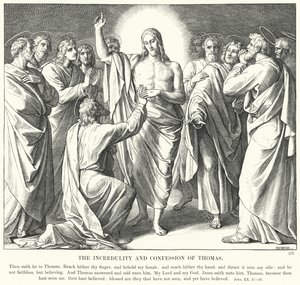 Thomasin uskomattomuus ja tunnustus (kaiverrus) tekijältä Julius (after) Schnorr von Carolsfeld