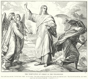 Kristuksen kiusaus erämaassa (kaiverrus) tekijältä Julius (after) Schnorr von Carolsfeld