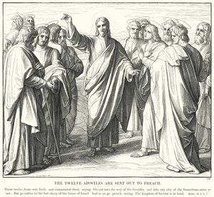 Kaksitoista apostolia lähetetään saarnaamaan (kaiverrus) tekijältä Julius (after) Schnorr von Carolsfeld