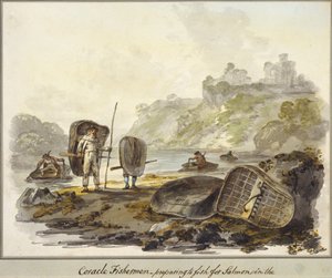 Coracle Fishermen- preparing to fish for salmon (vesiväri paperille) tekijältä Julius Caesar Ibbetson