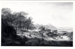Distant View of Anglesea (öljy kankaalle) (mustavalkotulostus) tekijältä Julius Caesar Ibbetson