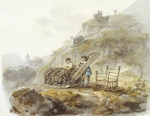 Menetelmä turpeen hankkimiseksi Mallwydin lähellä sijaitsevilta kukkuloilta, noin 1792 (vesiväri, muste ja lyijykynä paperille). tekijältä Julius Caesar Ibbetson