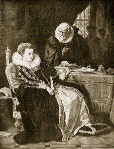 Elizabeth allekirjoittaa Maryn kuolemantuomion, kuvitus "Hutchinsonin tarinasta brittiläisestä kansasta", n. 1923 tekijältä Julius Friedrich Anton Schrader