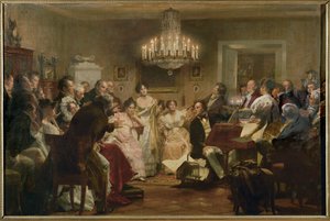 Schubert pianon ääressä Schubert-illan aikana wieniläisessä salongissa... (öljymaalaus) tekijältä Julius Schmid