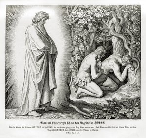 Aadam ja Eeva piilottavat alastomuutensa, Genesis tekijältä Julius Schnorr von Carolsfeld