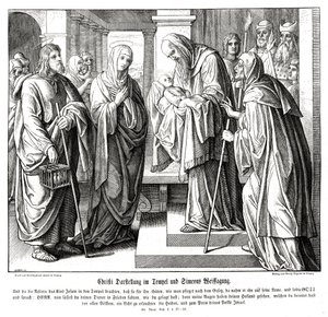 Kristus esitetään temppelissä, Luukkaan evankeliumi tekijältä Julius Schnorr von Carolsfeld