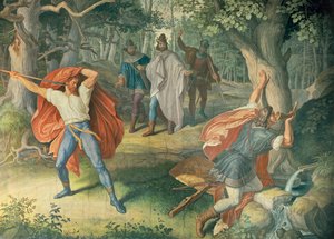 Hagen tappaa Siegfriedin suihkulähteellä, Nibelungien salissa