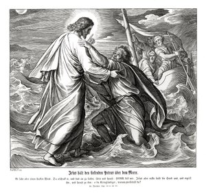Jeesus ja Pietari kävelevät veden päällä, Matteuksen evankeliumi tekijältä Julius Schnorr von Carolsfeld