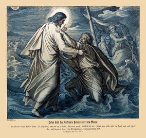 Jeesus ja Pietari kävelevät veden päällä, Matteuksen evankeliumi tekijältä Julius Schnorr von Carolsfeld