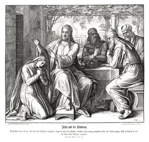 Jeesus ja syntinen nainen, Luukkaan evankeliumi tekijältä Julius Schnorr von Carolsfeld