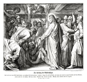 Jeesus parantaa halvaantuneen miehen, Luukkaan evankeliumi tekijältä Julius Schnorr von Carolsfeld