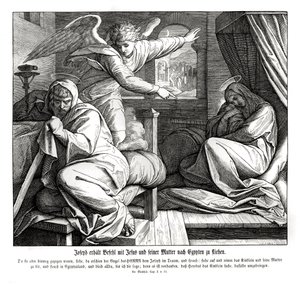 Joosefia varoitetaan pakenemaan Egyptiin, Matteuksen evankeliumi tekijältä Julius Schnorr von Carolsfeld