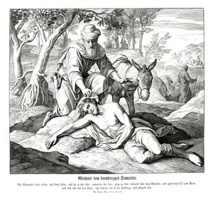 Vertaus laupiaasta samarialaisesta, Luukkaan evankeliumi tekijältä Julius Schnorr von Carolsfeld