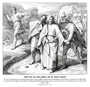 Simei kiroilee ja heittelee kivillä Daavidia, 2 Samuel tekijältä Julius Schnorr von Carolsfeld