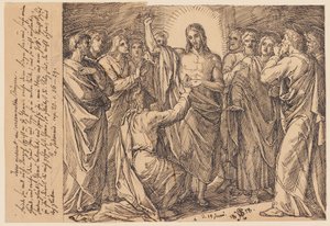 vas.: Jeesus ilmestyy koolla oleville opetuslapsille. Rauha olkoon teidän kanssanne. Sen jälkeen hän puhuu Tuomaalle: ...? tekijältä Julius Schnorr von Carolsfeld